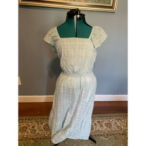 St. John's Bay Cool Blue Plaid Cap Flutter Sleeve Midi Sun Dress, NWT, size L